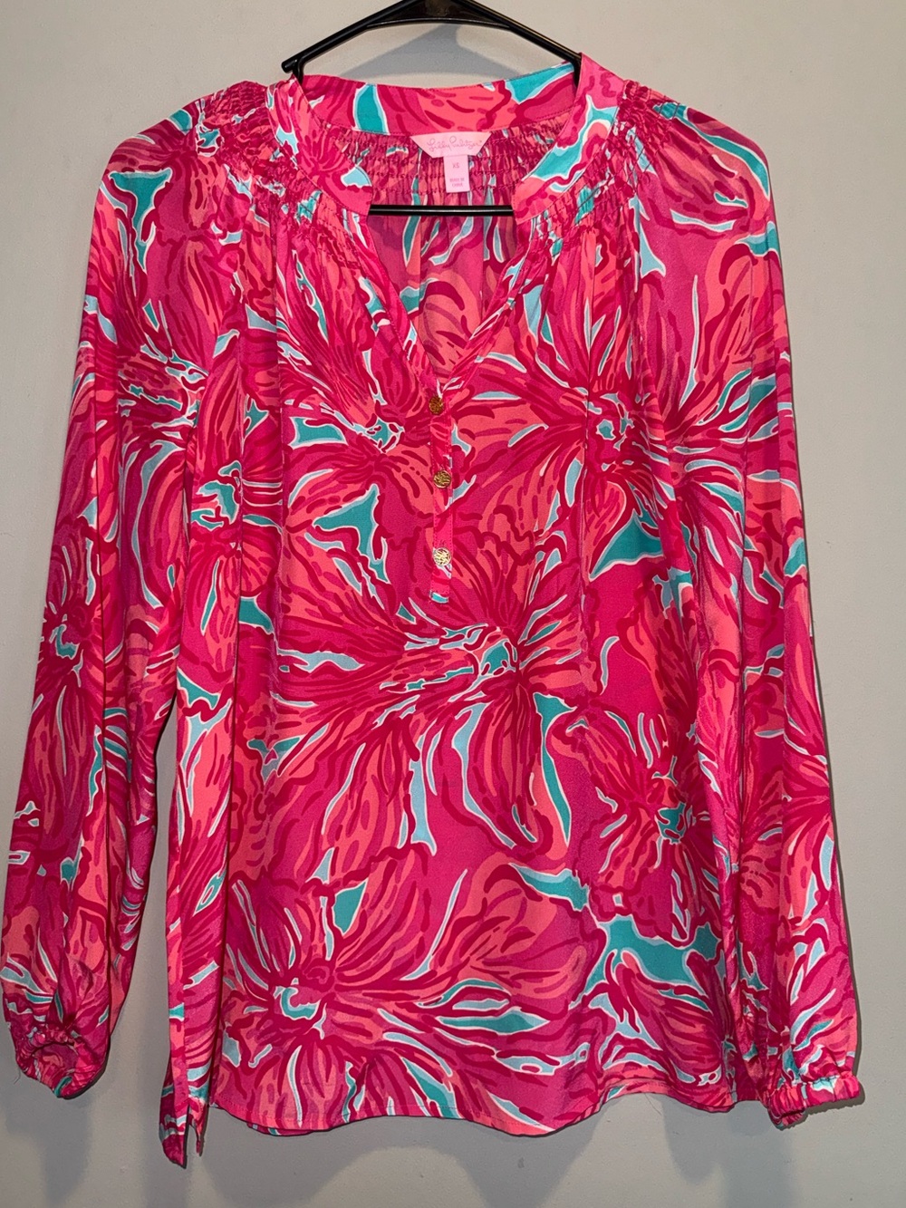 Lilly Pulitzer Pink Elsa Silk Top Smocked V-Neck Blouse